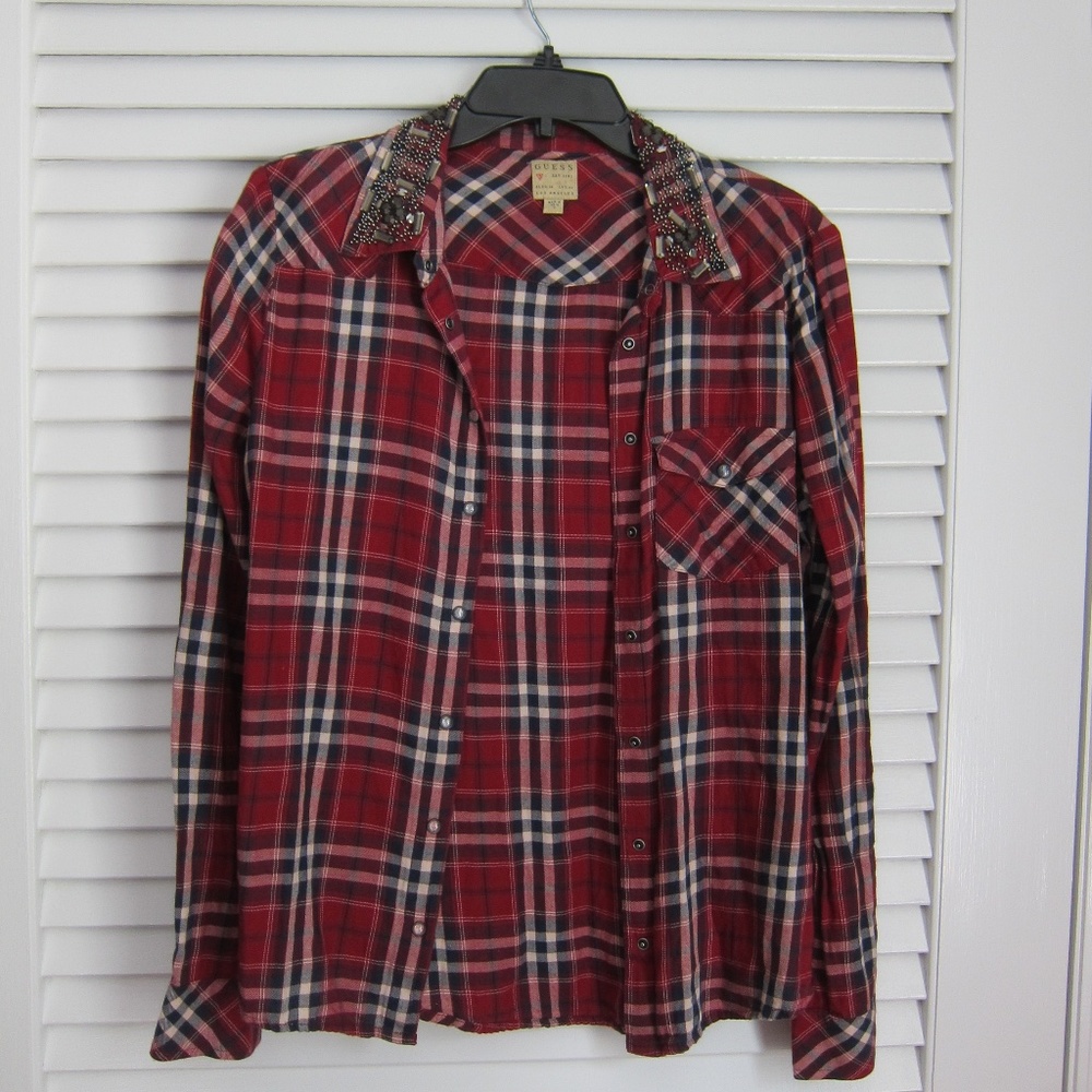 GUESS Plaid Flannel Snap Button Shirt w/ Beaded Embellished Collar